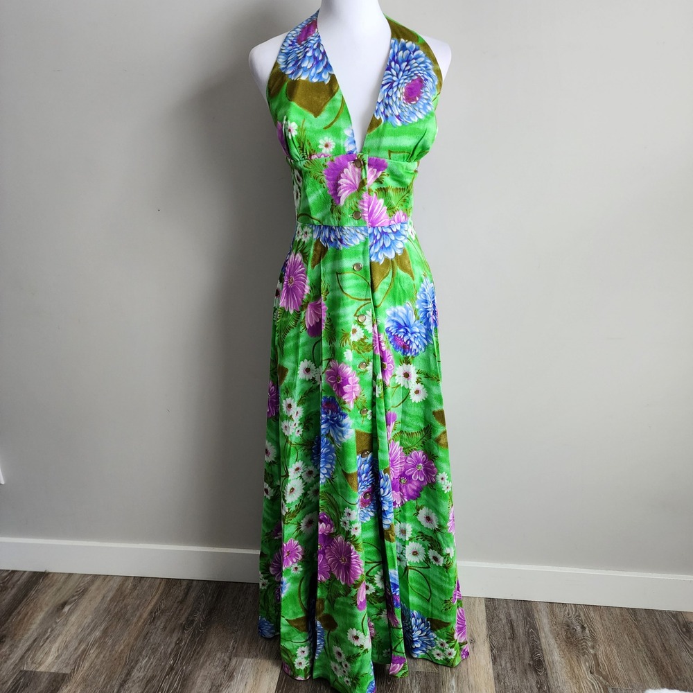 Vintage 70s Maxi Dress Womens XS Green Floral Halter V-Neck Vacation Wedding